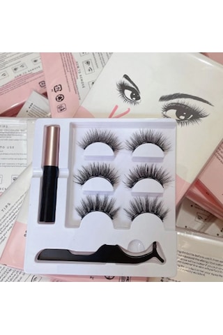 3d Manyetik 6 Adet Takma Kirpik Seti 3 Çift + 1 Adet Likit Eyeliner Yapıştırıcı + Kirpik Cımbızı