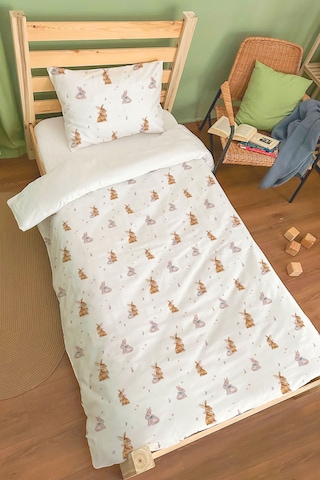 Organik Tek Kişilik Nevresim Takımı 160x220 - Neşeli Tavşan Notaları Renkli