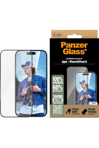Panzerglass Apple Uyumlu iPhone 16 15 Ultra-wide Fit Çerçeve Aparatlı Tam Koruma Ekran Koruyucu