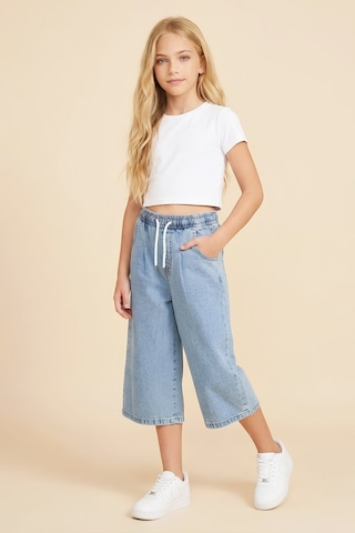 Modanino Kız Çocuk Beli Lastikli Ve Kordonlu Kapri Jean Pantolon 5-15 Yaş 12719sk Mavi