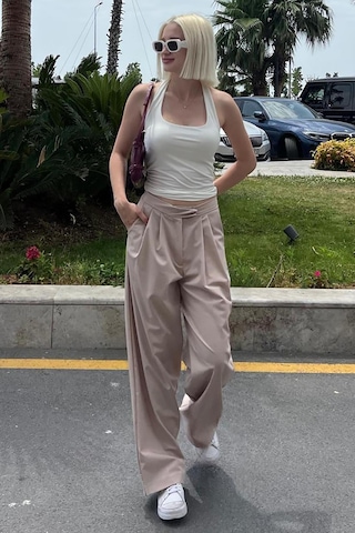 Madmext Bej Yüksek Bel Rahat Kesim Bol Paça Pantolon Mg2120-bej Bej