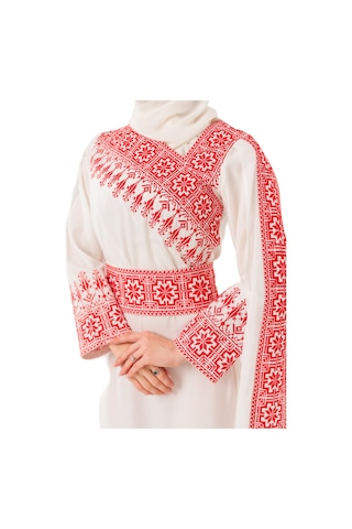 Zaytoon Eğimli Omuz Uzun Ve Açık Kollu Filistin Nakışlı Elbise M-3xl C100050 Beyaz