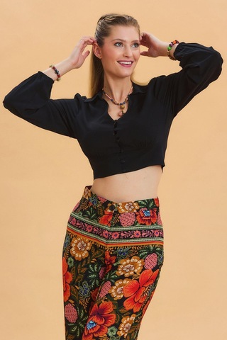 Los Banditos Gömlek Yaka Düğme Detaylı Crop Bluz Siyah
