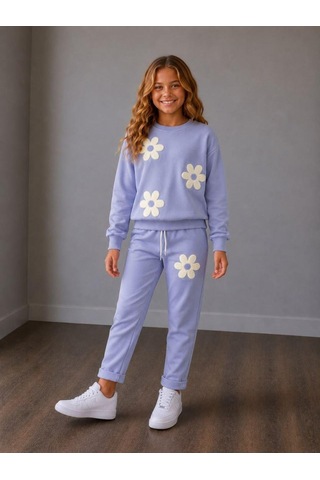 Papatya Desenli Kız Çocuk Sweatshirt Ve Eşofman Altı 2'li Takım 2iplik Süper Kalite Mor - Lila