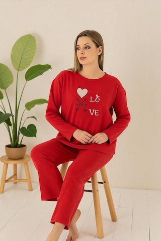 Uzun Kollu Polar Pijama Takımı Kırmızı Love Baskılı Xl Kırmızı