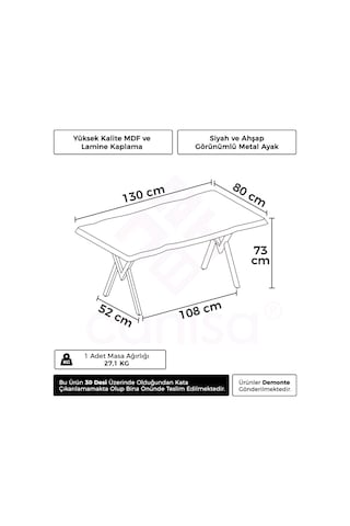 Canisa Akort Serisi Mdf Sabit 80x130 Traverten Mutfak Masası Traverten Masa