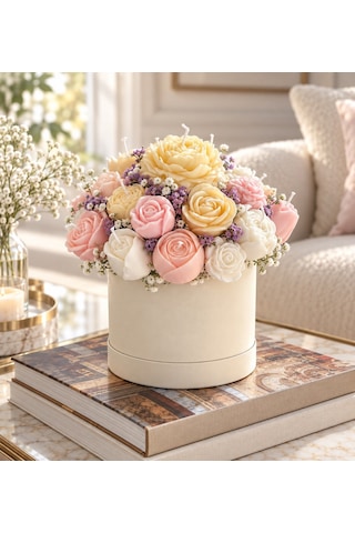 Pastel Gül Mum Buketi Krem Silindir Kutulu Pembe