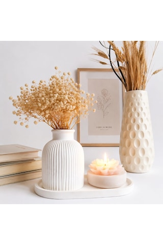 Minimalist Çizgili Vazo, Lotus Mum Ve Sunum Tepsili Beton Dekorasyon Seti 001 - Beyaz