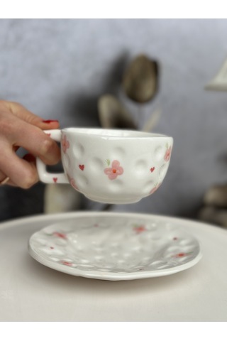 Şekilsiz Floral El Yapımı Seramik Bardak & Altlık Seti 300 Ml Çok Renk