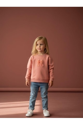 Zekids Kız Bebek Pamuklu Taşlı Fiyonk Detaylı Oversize Tasarım Sweatshirt-16558 Pudra