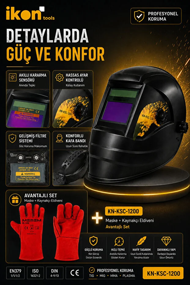 İkon Tools Otomatik Kararan Kaynak Maskesi Kn-ksc-1200 Kaynakçı Eldiveni Seti Dın 9-13 Tıg Mıg Mma Uyumlu