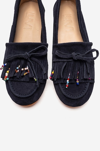 Luvishoes Evelyn Lacivert Süet Hakiki Deri Püsküllü Boncuklu Kadın Loafer Ayakkabı