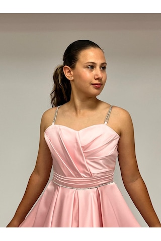 Kız Çocuk Abiye Pembe Taş Kordon Askılı Kalp Yaka Mat Saten Kuyruklu Abiye Elbise 9-16 Yaş Pembe