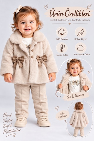 Ahengim Kız Bebek Peluş Mont Fiyonklu Düğmeli Yumuşak Dokulu Kışlık Ceket Ak8548 Bej
