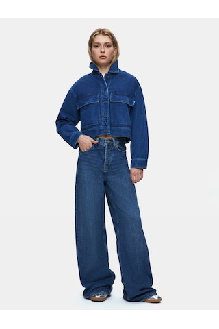 LTB Skyla Önü Cepli Crop Dark İndigo Jean Ceket Dark İndigo