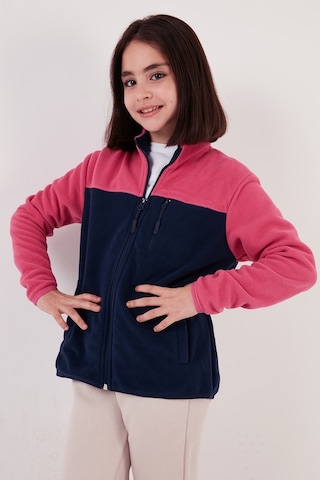 Lela Yumuşak Dokulu Fermuarlı Renk Bloklu Dik Yaka Cepli Hırka Unisex Çocuk Polar 5905001 Fuşya-Lacivert