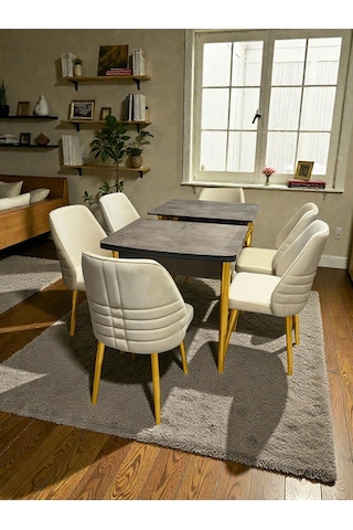 Msy Home 6 Kişilik Premium Seri Gold Detaylı Krem Renk Siyah Sonomo Kelebek Masa Modern Şık Set Bej
