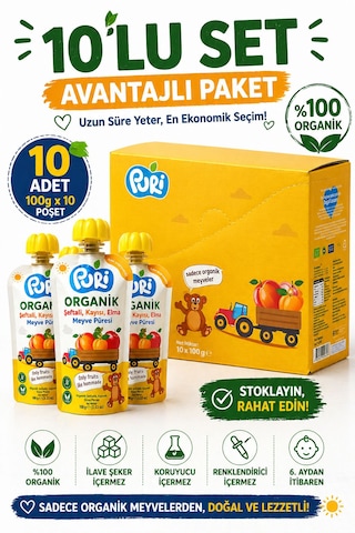 Organic Şeftalili Kayısılı Püresi 100g  x 10 %100 Organik İlave Şekersiz 10'lu Paket