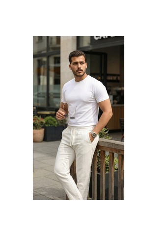 Butik İstanbul Erkek İç Göstermez Yıkamalı Keten Pantolon Beyaz