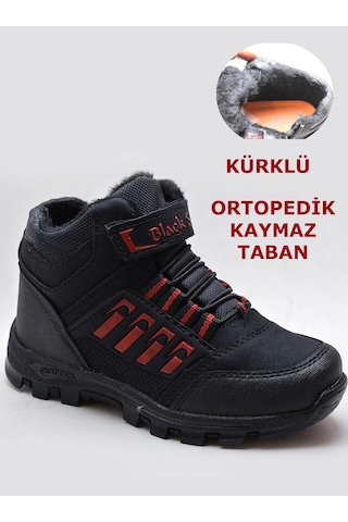 542 Ortopedik Kaymaz Taban İçi Kürklü Kışlık Çocuk Bot Ayakkabı Blacksea Siyah-kırmızı Kırmızı - Siyah