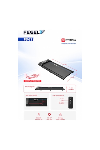 Fegel FG-11 Uygulama Destekli Bluetooth Hoparlörlü Uzaktan Kumandalı Koşu ve Yürüyüş Bandı 1.5 HP