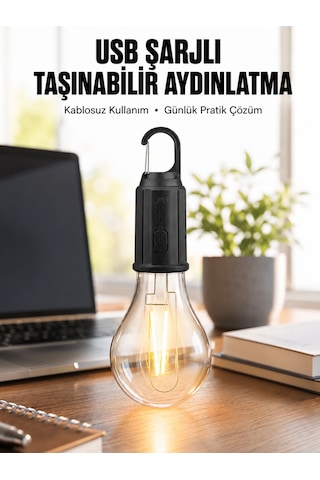Şarjlı Dekoratif Kamp Lambası Askılı Ampul Led Işık Type-c Girişli - Lisinya Çok Renkli