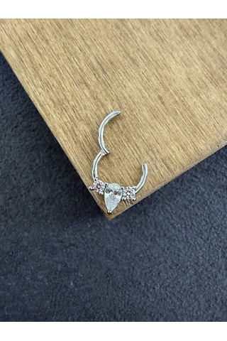 316 L Cerrahi Çelik Oval Zirkon Taşlı Pırlanta Model Halka Piercing Beyaz