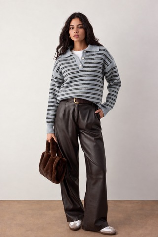 Maison Velora Kadın Mavi Siyah Çizgili Basic Oversize Polo Yaka Yarım Pat Düğmeli Triko Kazak-27aj002 Mavi 923050279 Mavi