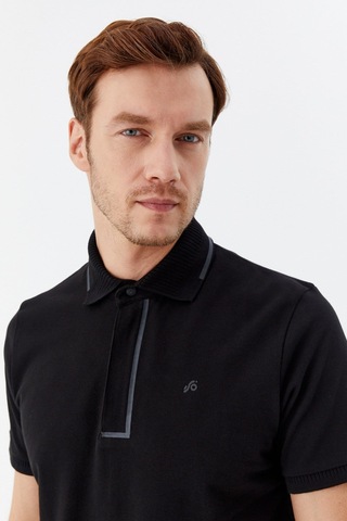 Sabri Özel Siyah %100 Pamuk Gizli Fermuarlı Polo Yaka T-shirt