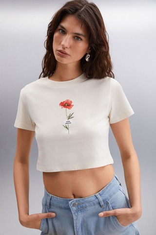 IRMA 100% Pamuk Kadın Crop Vanilya T-Shirt
