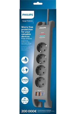 Philips Spn4140ga Akım Korumalı Priz 4'lü + 2x Usb-a 18w + 1x Usb-c 20w - 2m Kablo - Siyah 2 m
