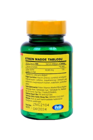 Vitapol Çinko Sülfat 15 Mg 100 Tablet Zinc Nisan 2024
