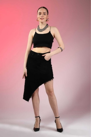 Shevega Kadın Siyah Etek Püskül Asimetrik Kesim Keten Etek Siyah