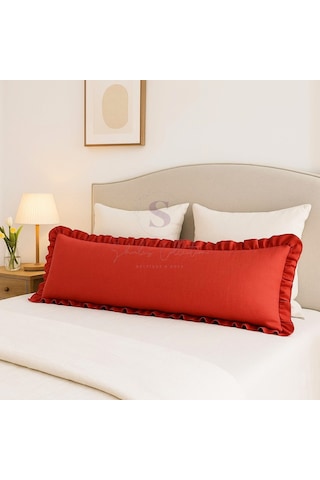 Fırfırlı Vintage Buldan Keten Kırmızı Renk Iskandinav Uzun 40x100 Kırlent Yastık İçi Dolgulu Kırmızı