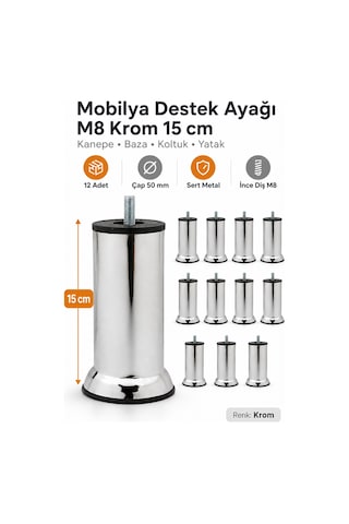 12 Adet Mobilya Kanepe Baza Koltuk Yatak Çekyat Destek Yükseltme Ayağı M8 15 Cm Krom Metal Ayakları Gri