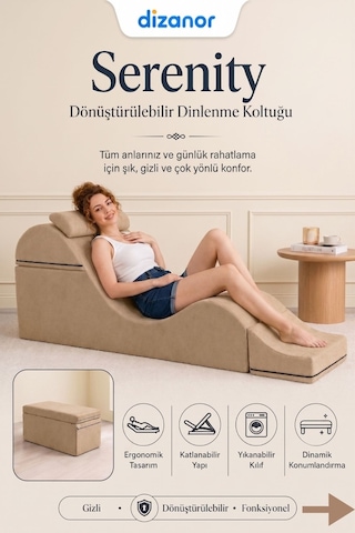 Serenity Çok Amaçlı Dinlenme Koltuğu Katlanabilir Bench Formlu Şezlong Yetişkin Çiftler İçin Ergonomik Destek Minderi Bej