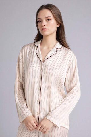 Defacto Çizgili Saten Pijama Takımı Üst Alt G0227ax26sper99 Ekru-er99