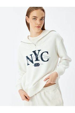 Koton Yarım Fermuarlı Baskılı Oversize Kolej Sweatshirt Ekru 5sal10516ık Ekru