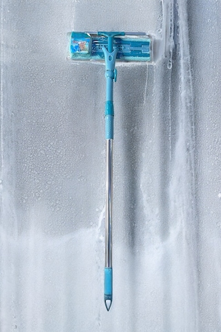 Mikrofiber Cam Mopu Yedek Bezli Cam Silme Aparatı Çekçekli Açık Mavi