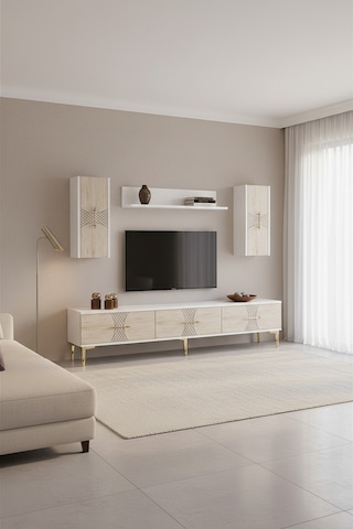 Tvr1832btg Slim Tv Ünitesi Takımı Beyaz-traverten-gold 180cm