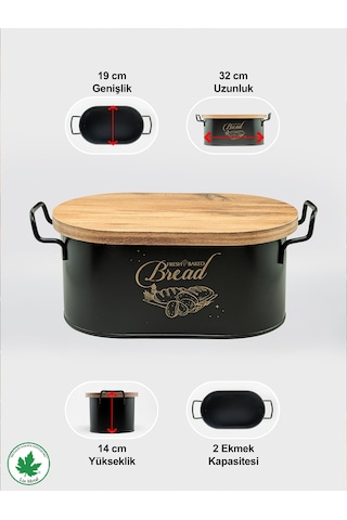 Lin Metal Ahşap Kapaklı Tel Kulplu Metal Ekmeklik - Siyah