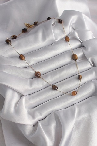 316l Çelik Gold Renk Zincir Kahvrengi Doğaltaş Model Kadın Kolye Çok Renkli