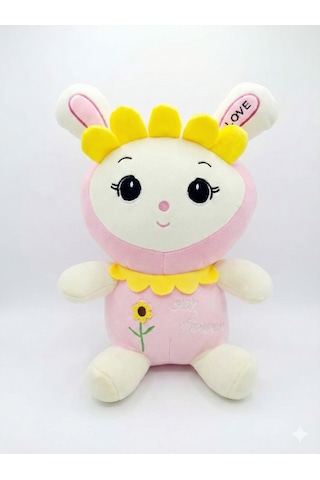 35 Cm Ayçiçeği Kostümlü Pembe Peluş Tavşan - Yumuşak Uyku Arkadaşı - Sun Flower Nakışlı Beyaz - Pembe