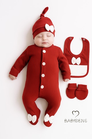 Babyden's 4 'lü Kız Bebek Fitilli Yenidoğan Bebek Tulum Seti %100 Pamuklu Hastane Çıkışı Bordo