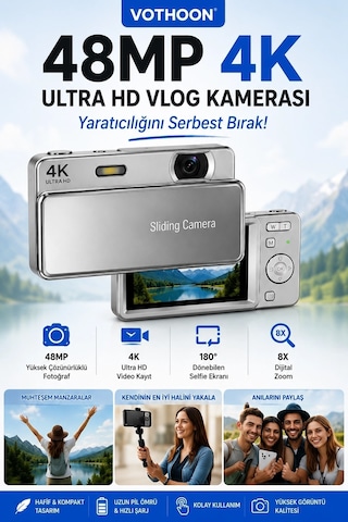 Dijital Kamera 4k Hd 48mp 8x Zoom Flaşlı Kayar Retro Video Kamera 2.4 Ekran 64gb Sd KartGümüş Najmaddin