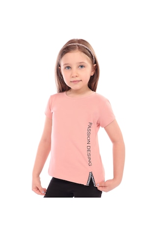 Toontoy Kids Toontoy Kız Bebek Baskılı Bisiklet Yaka Kısa Kollu Tişört - Yırtmaçlı Mercan