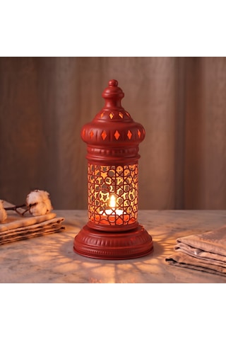 Beyaz Geometrik Metal Fener Selçuklu Yıldızı Çay Feneği Tutucu Minimalist Fas Mum Dekorasyonu Kırmızı