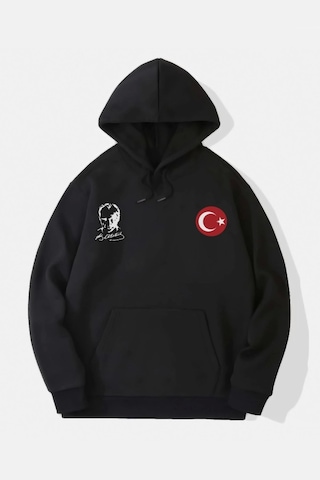 Veraura Lifestyle 10 Kasıma Özel Üç İplik Kapşonlu Baskılı Sweatshirt - Siyah