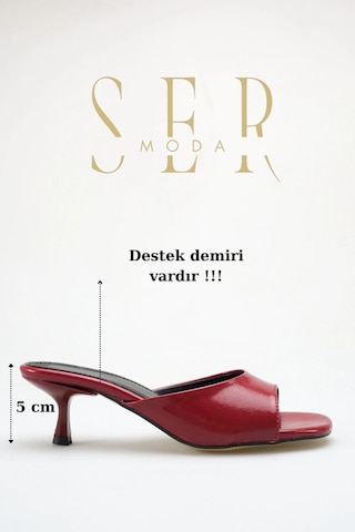 Sermoda Topuklu Kadın Terlik - 5 Cm İnce Topuklu Küt Burun Kadın Terlik Bordo Yanki