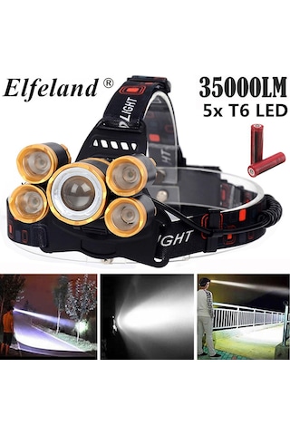90000lm Elfeland 5xt6 Led Far Şarj Edilebilir Far Kafa Lambası Torch +18650 Siyah